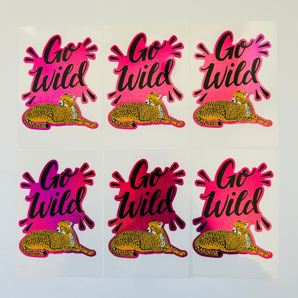 Vintage Y2K Retro Die Cut Prism Glitter Foil Decal GO WILD Cheetah theme 6pk