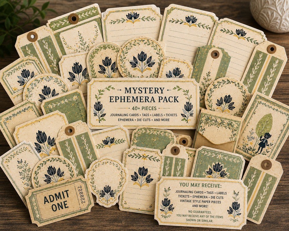 Vintage Botanical Mystery Ephemera Pack | 40+ Coordinating Paper Pieces | Green