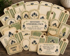 Vintage Botanical Mystery Ephemera Pack | 40+ Coordinating Paper Pieces | Green
