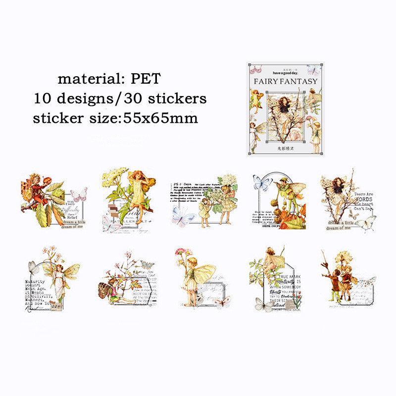 30pcs Flower Fairy PET Scrapbooking Stickers Fantasy Angel Elf Diary Decals DIY