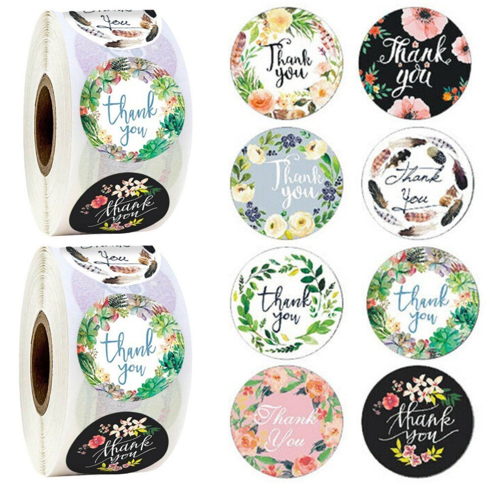 2 Roll of 1000Pcs 1″ Thank You Stickers Handmade DIY Party Flowers Round Labels