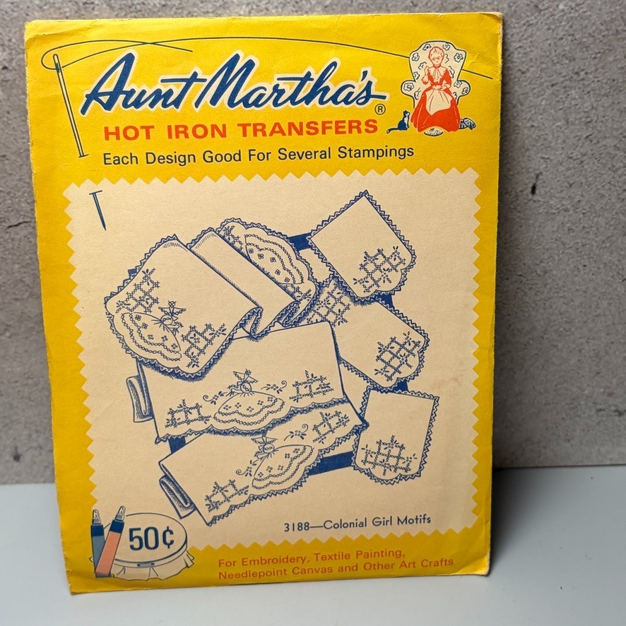 VTG MCM Transfer Pattern Hot Iron On Aunt Martha’s Colonial Girl Motif Farmhouse