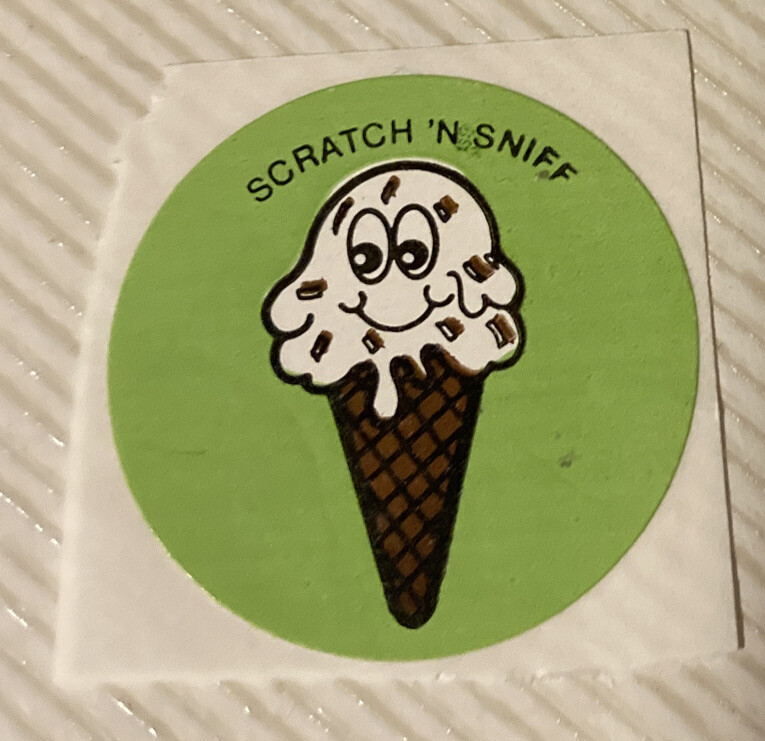 Vintage 1980’s 1.5” circle scratch n sniff sticker ice cream cone