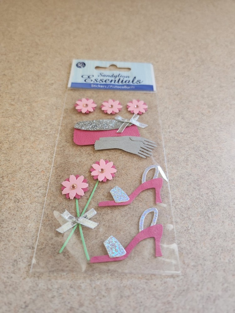 Sandylion Essentials~Pink Sparkly Shoes & Box~Dimensional Stickers