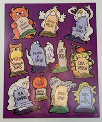 Vtg Halloween Stickers Cats Critters Witch Bats Ghosts Humorous Gravestones 2 pg