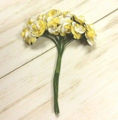 12 Yellow & White Mulberry Paper Rose Flower Wire Bouquet Craft DIY 1/2 Inch