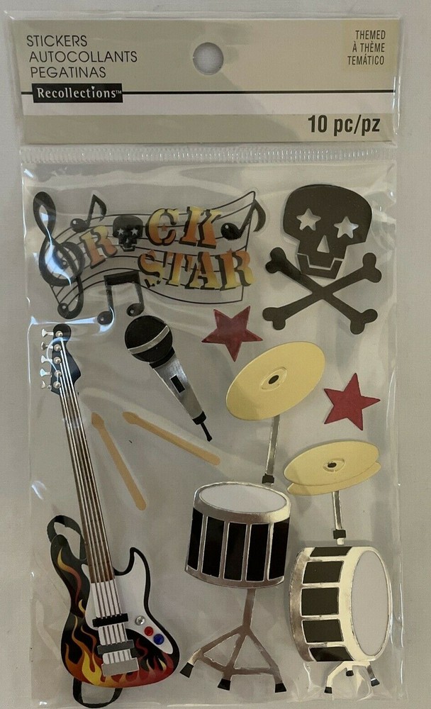 Rock Star Musician 3D Stickers 10 Pieces Guitar Drums Black Skull Microphone