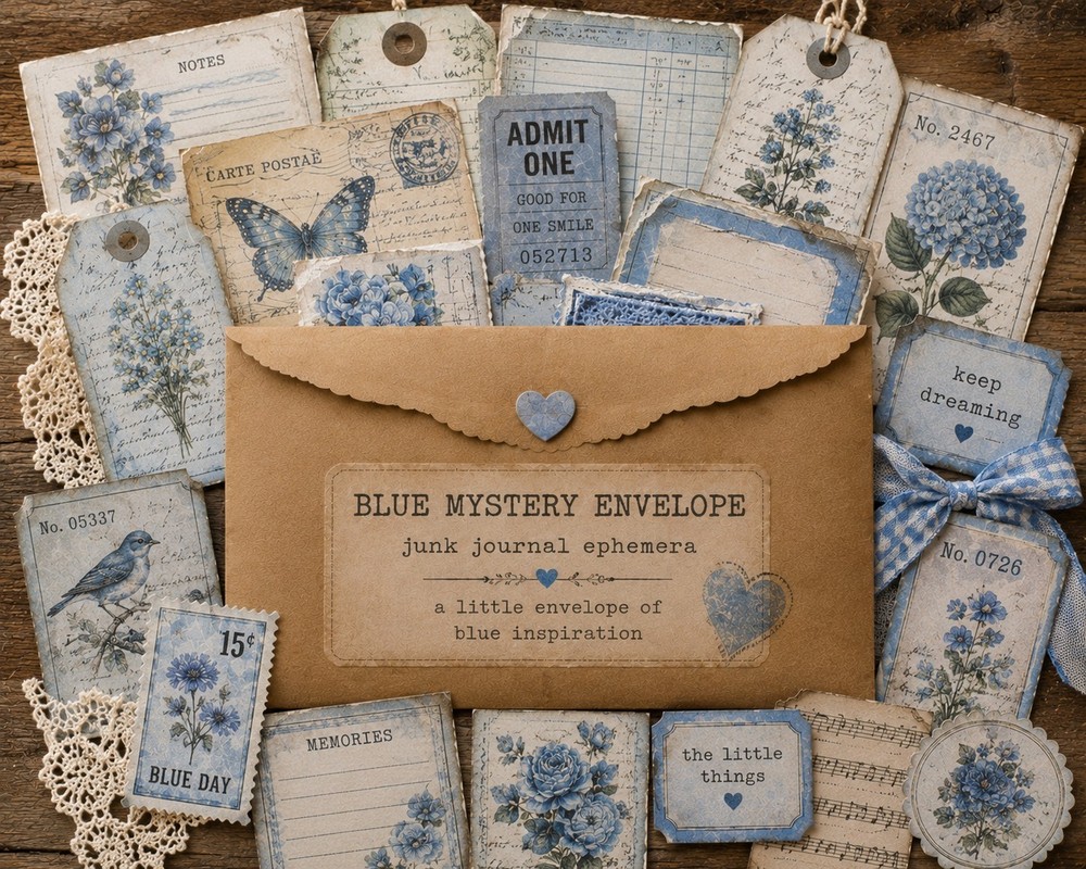 Mystery Junk Journal Ephemera Envelope Vintage Scraps, Tags, Tickets, Blue