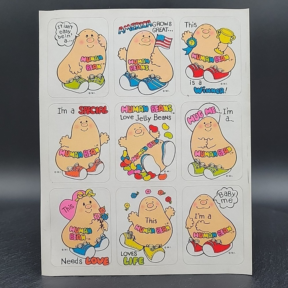 1 Sheet Vintage Stickers Human Beans Characters I’m A Human Bean M.I. 1980s