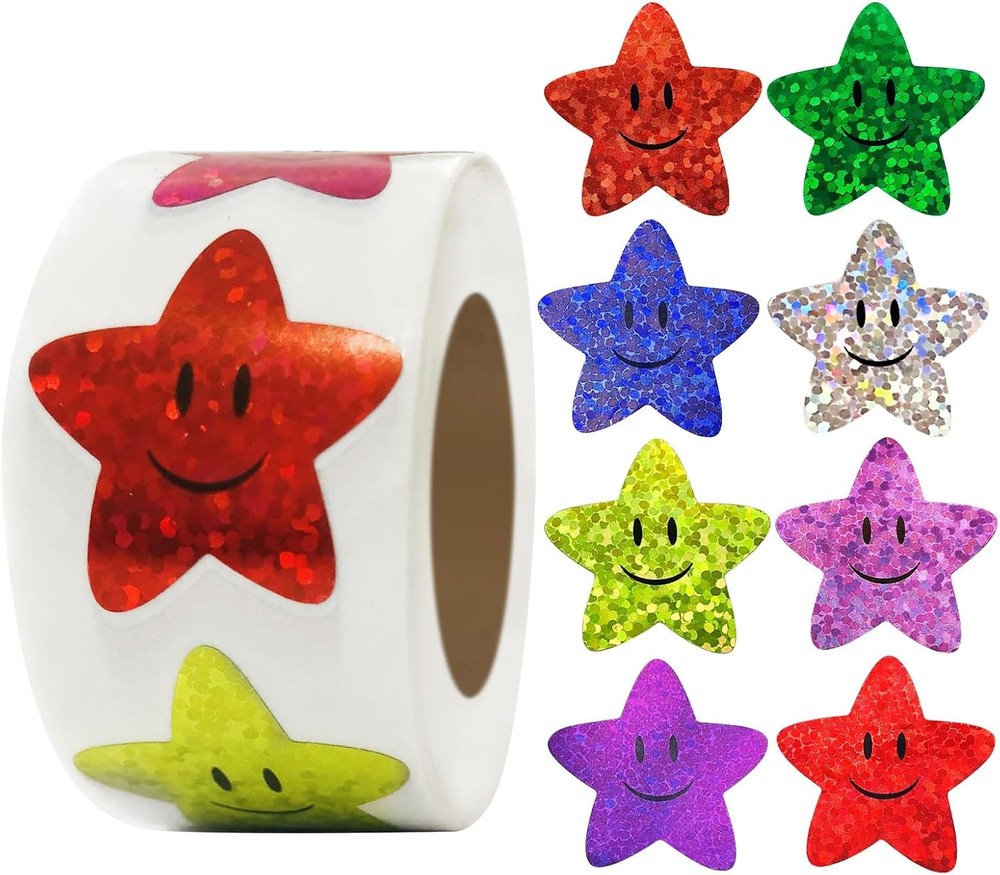Smiley face Star Stickers for Kids Reward,1inch 8 Colored 500Pcs Sparkly Foil Sh