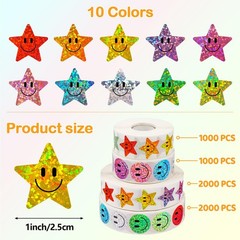 1000PCS Smiling Glitter Star Stickers, 1inch, 10 Colored Sparkly Foil Happy S…