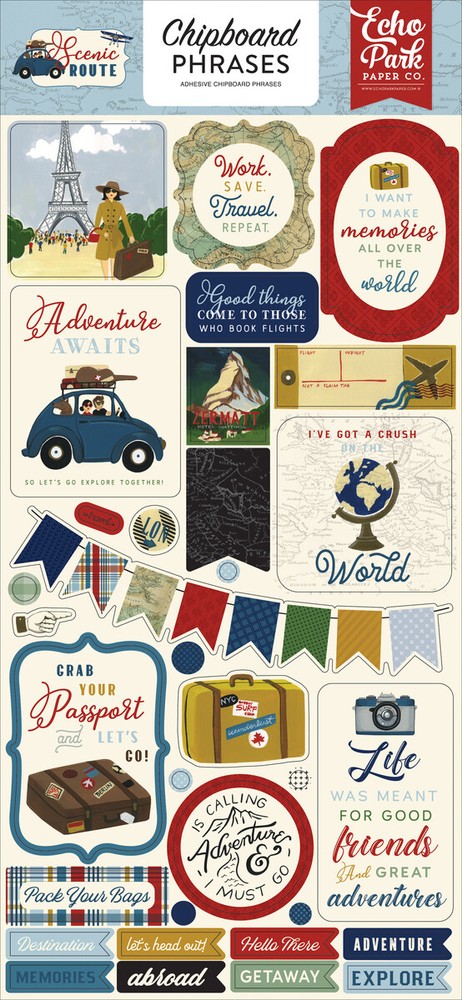Echo Park Paper SCENIC ROUTE Travel Theme 6×13 Sheet of Chipboard Phrases