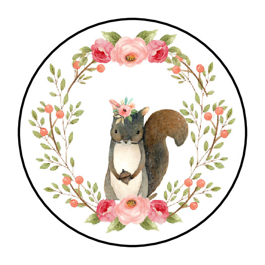 30 1.5″ WOODLAND GIRL SQUIRREL BIRTHDAY BABY SHOWER FAVOR LABELS ROUND STICKERS