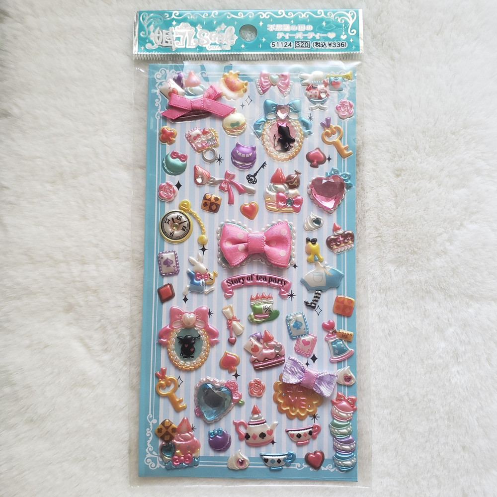 Rare Kawaii Sticker Sheet, Puffy 3D Alice in Wonderland Sticker with Rhinestone
