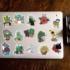 50pcs Cat And Plant Sticker, Cut Cat, water bottle laptop Waterproof, 129