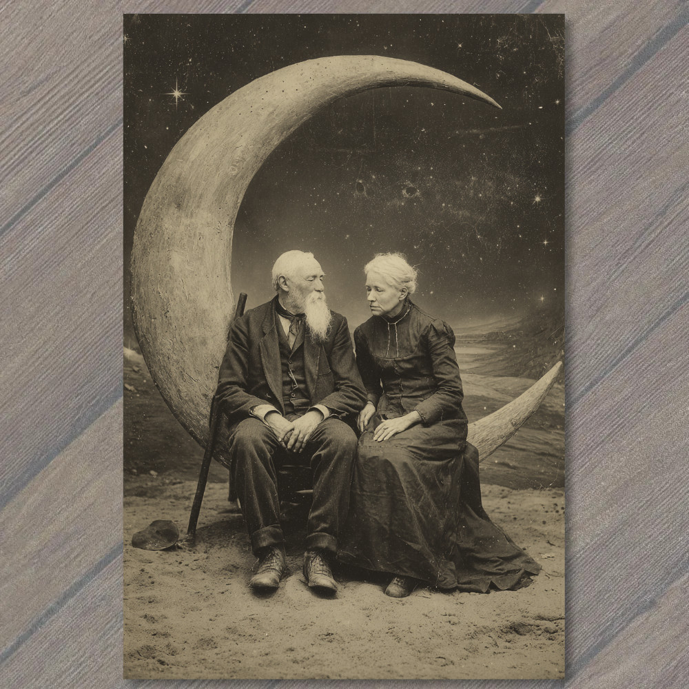 STICKER Elderly Couple Crescent Moon Surreal Night Love Timeless Romance