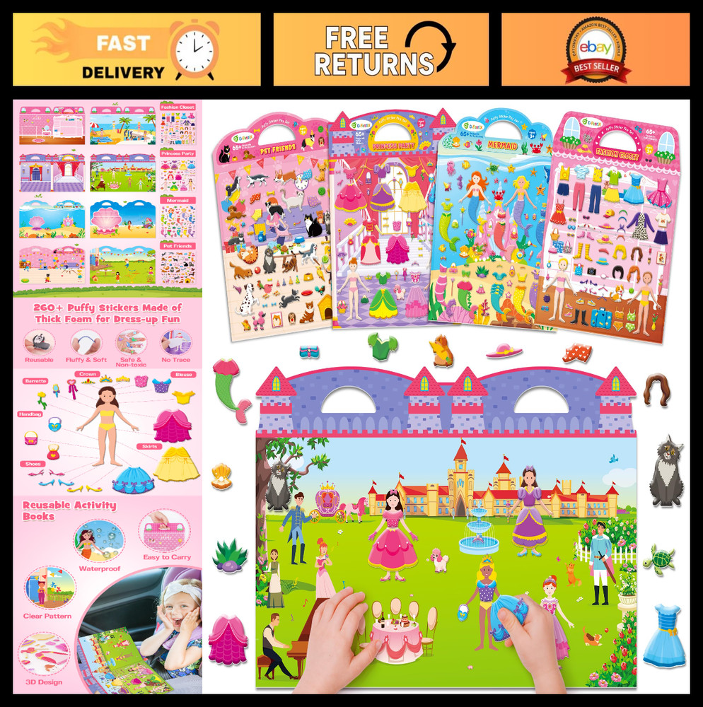Reusable 3D Puffy Stickers for Toddlers & Kids, Dress-Up, Princess, Mermaid, Tra