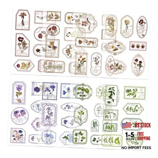 Bomichi 120 Pcs Flowers Stamp Stickers, Vintage Transparent Flower Stamps