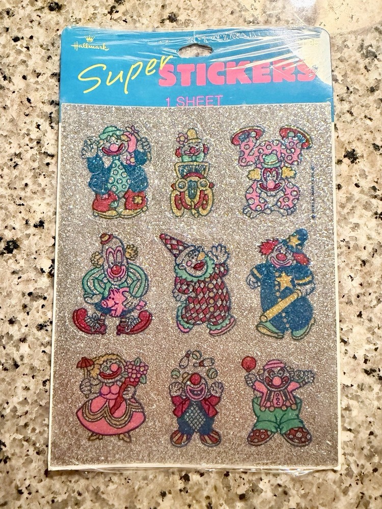 RARE! Vtg 80s HALLMARK STICKERS RAZZLE DAZZLE GLITTER CLOWNS NOS IN PACK 1 Sheet