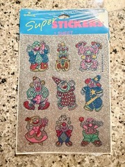RARE! Vtg 80s HALLMARK STICKERS RAZZLE DAZZLE GLITTER CLOWNS NOS IN PACK 1 Sheet