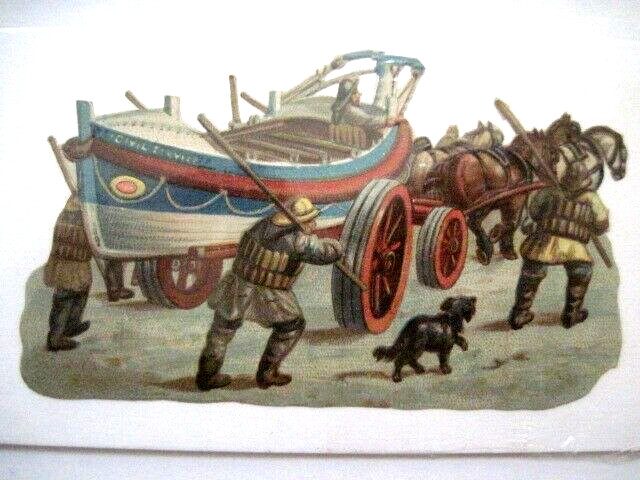 Fantastic Die Cut of Fishing Men Hauling a Boat with Horses w/ Dog *