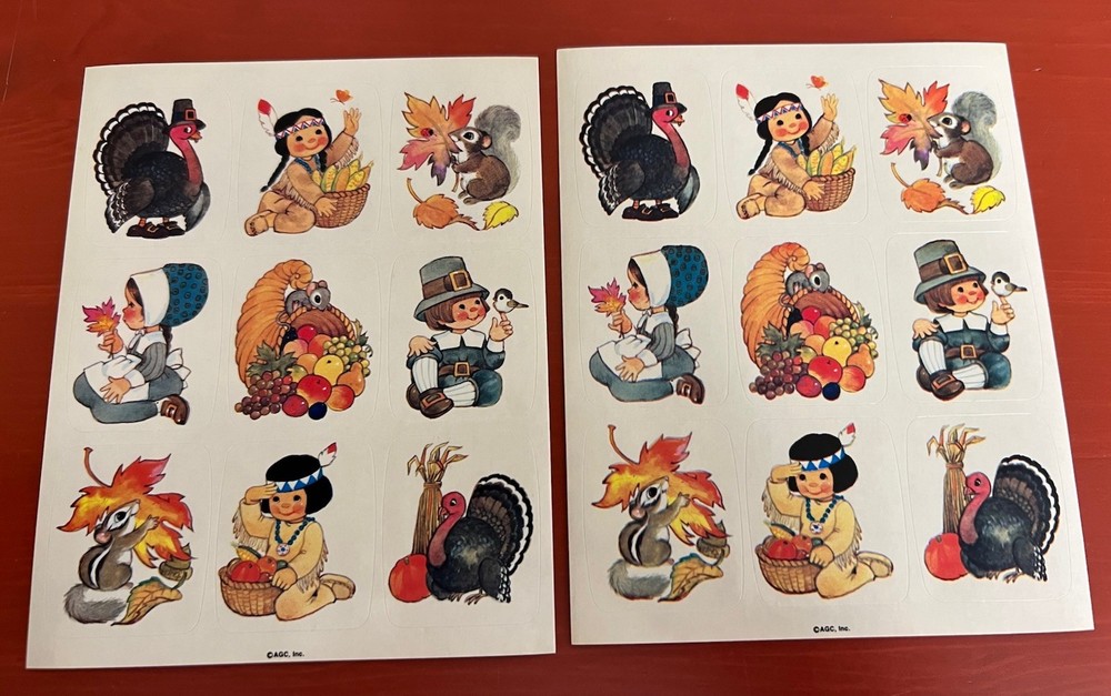 VTG AGC Stickers Thanksgiving Lot of 2 Sheets Critters Turkey Pilgrims Pumpkins
