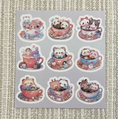 18 Cute Baby Animals in Teacups Stickers, Kawaii 1.6” Watercolor Decals