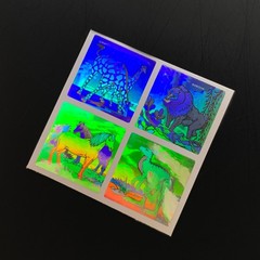 4 LION horse SAFARI jungle ANIMALS VINTAGE STICKER hologram holographic foil