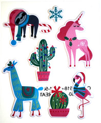 Christmas Animals Cactus Unicorn Flamingo Llama Sloth Snowflake Puffy Stickers