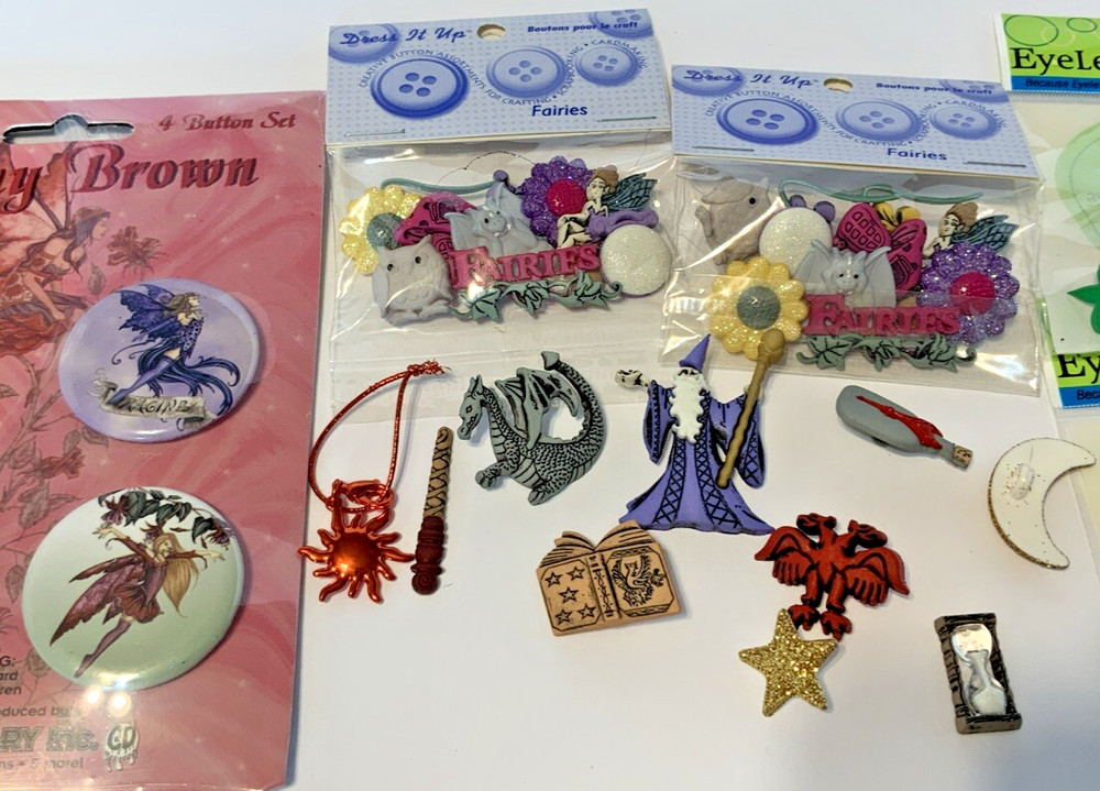 Scrapbook Embellishments Lot MYTHICAL FAIRIES MAGIC DRAGONS Brads Buttons Pins