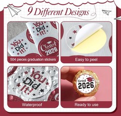 Chinco 504 Pieces 2026 Graduation Stickers Congrats Grad Senior Class of 2026 Pa