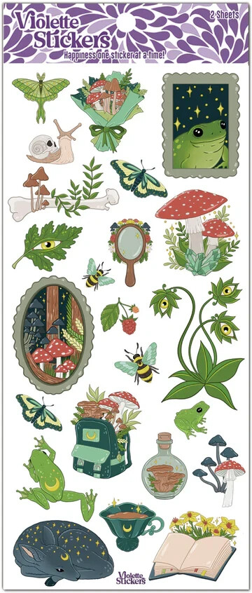 Violette Stickers 2 Sheets Goblincore Frogs Deer Mushrooms Plants Bees Flowers