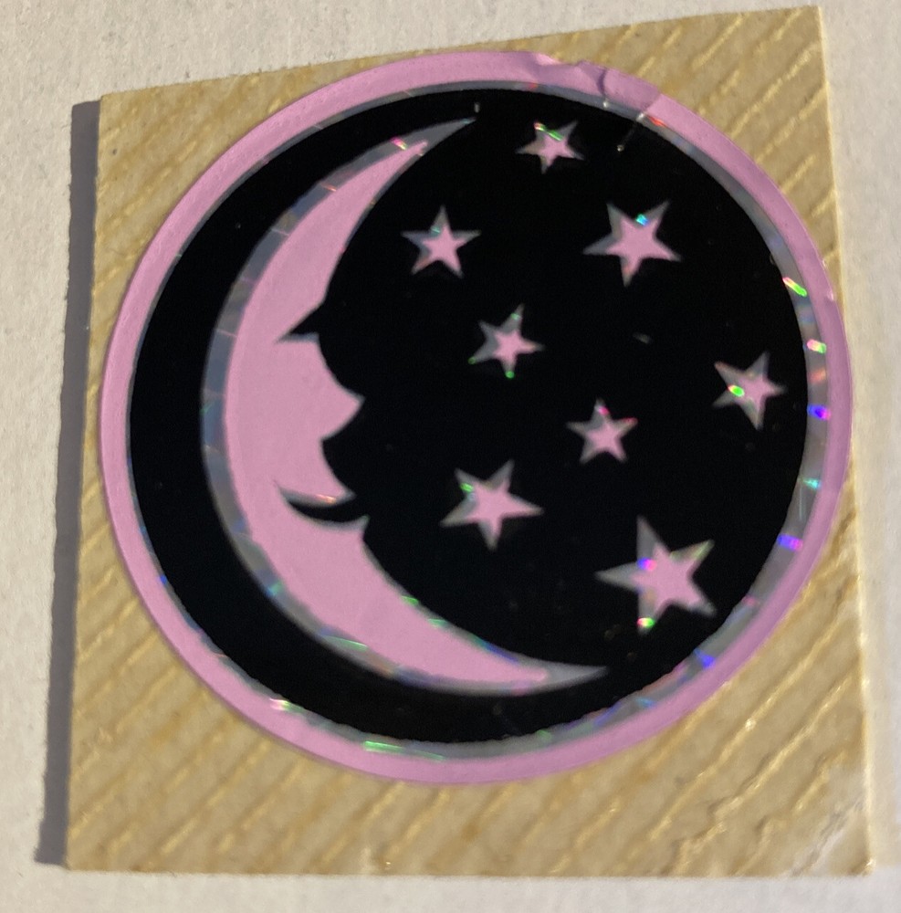 Vintage 1980’s 1.5” Prism Moon Stars In Circle Sticker