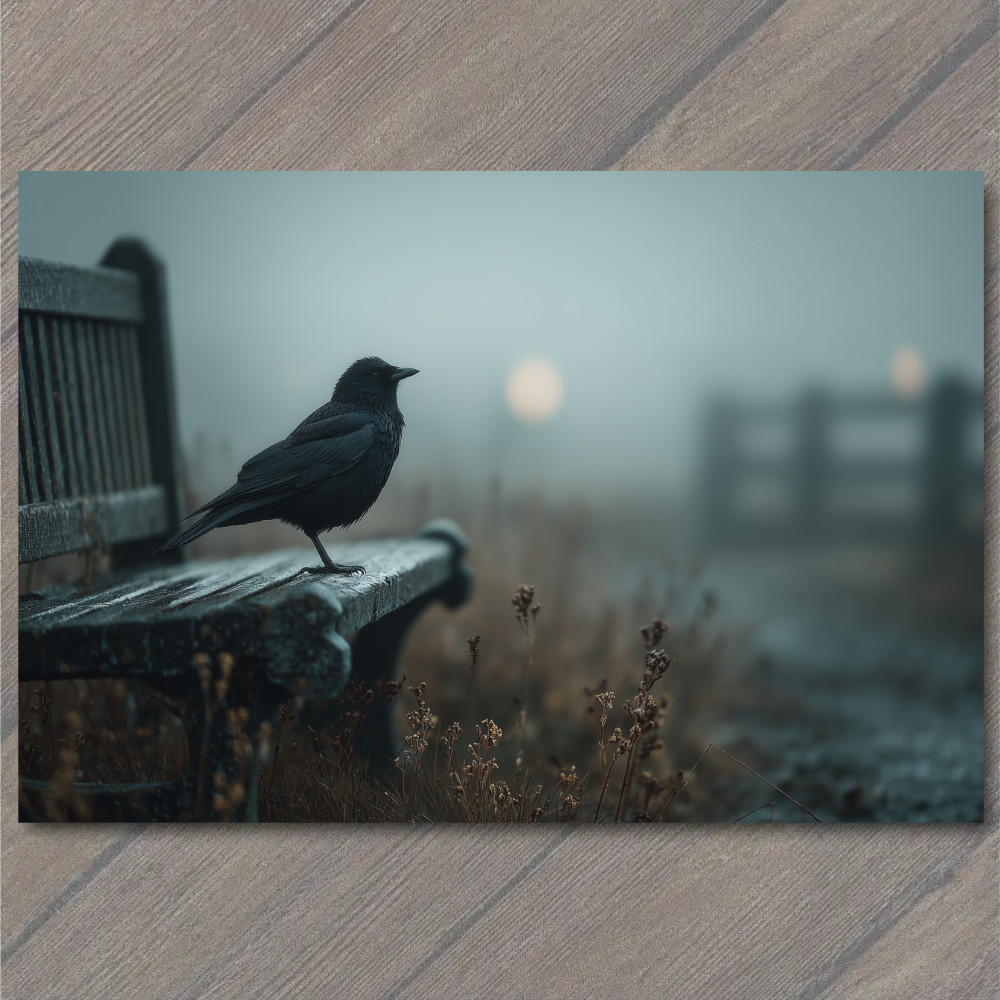 STICKER Crow Foggy Bench Gloomy Mist Sunrise Bird Alone Moody Dark Park Fence