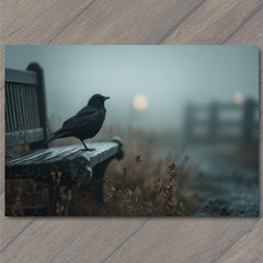 STICKER Crow Foggy Bench Gloomy Mist Sunrise Bird Alone Moody Dark Park Fence
