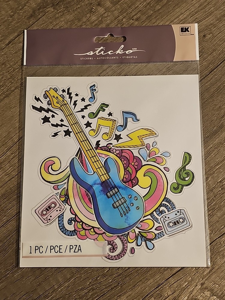Sticko Large “Guitar Rock” Clear Backed Sticker By EK Success, New In Package!