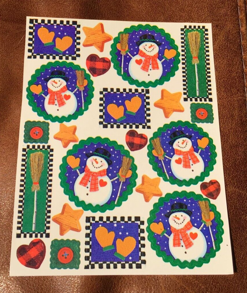 Vintage Sticker Sheet Country Folk Snowman Buffalo Plaid Buttons *