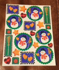Vintage Sticker Sheet Country Folk Snowman Buffalo Plaid Buttons *