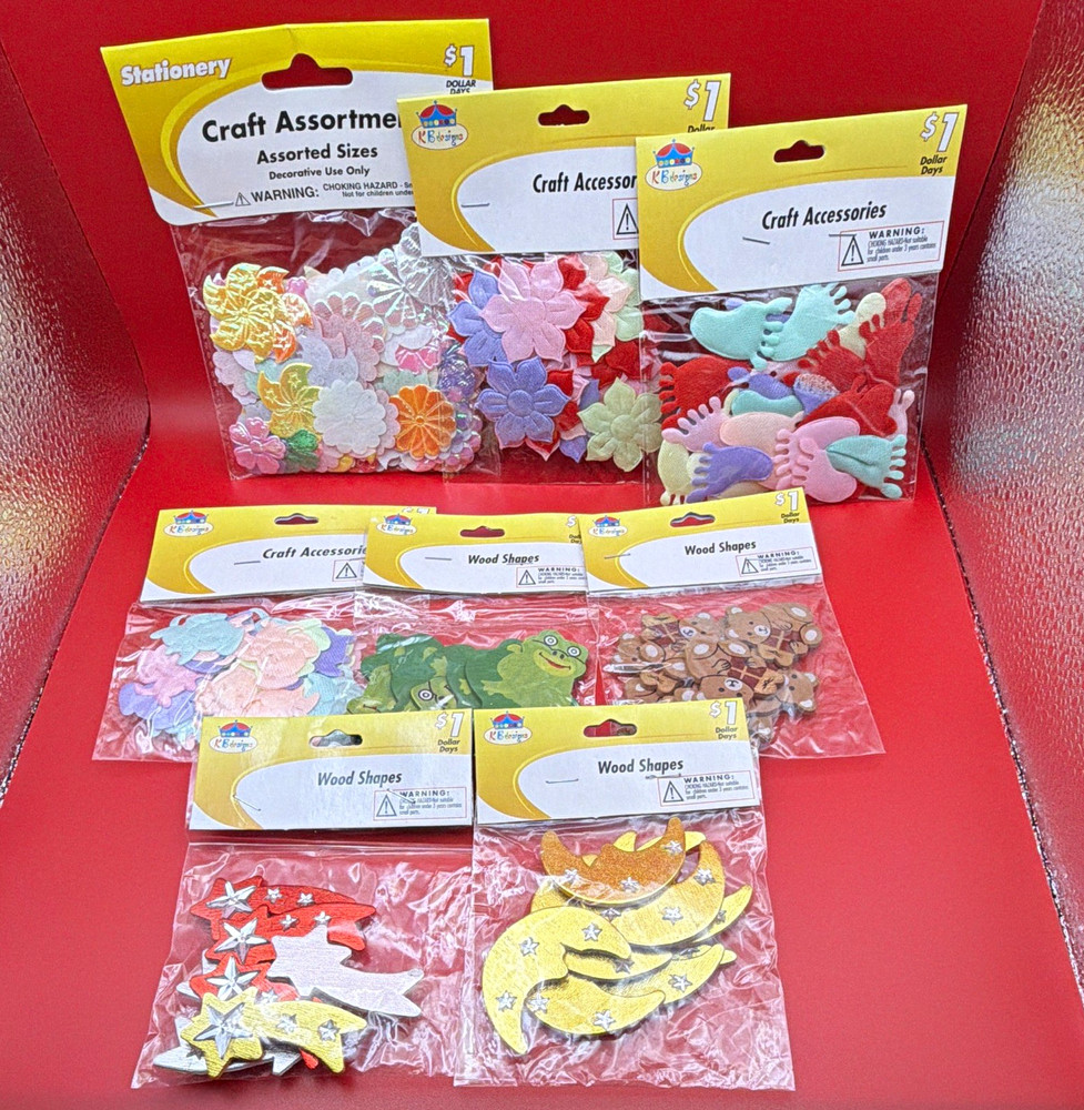 K&Designs Mixed Lot Craft Accessories Wood Shapes Fabric Appliques Flowers