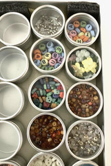 #3 – METAL CASE w/ 40 CONTAINERS – SCRAPBOOKING EMBELLISHMENTS -BEADS, BUTTONS++