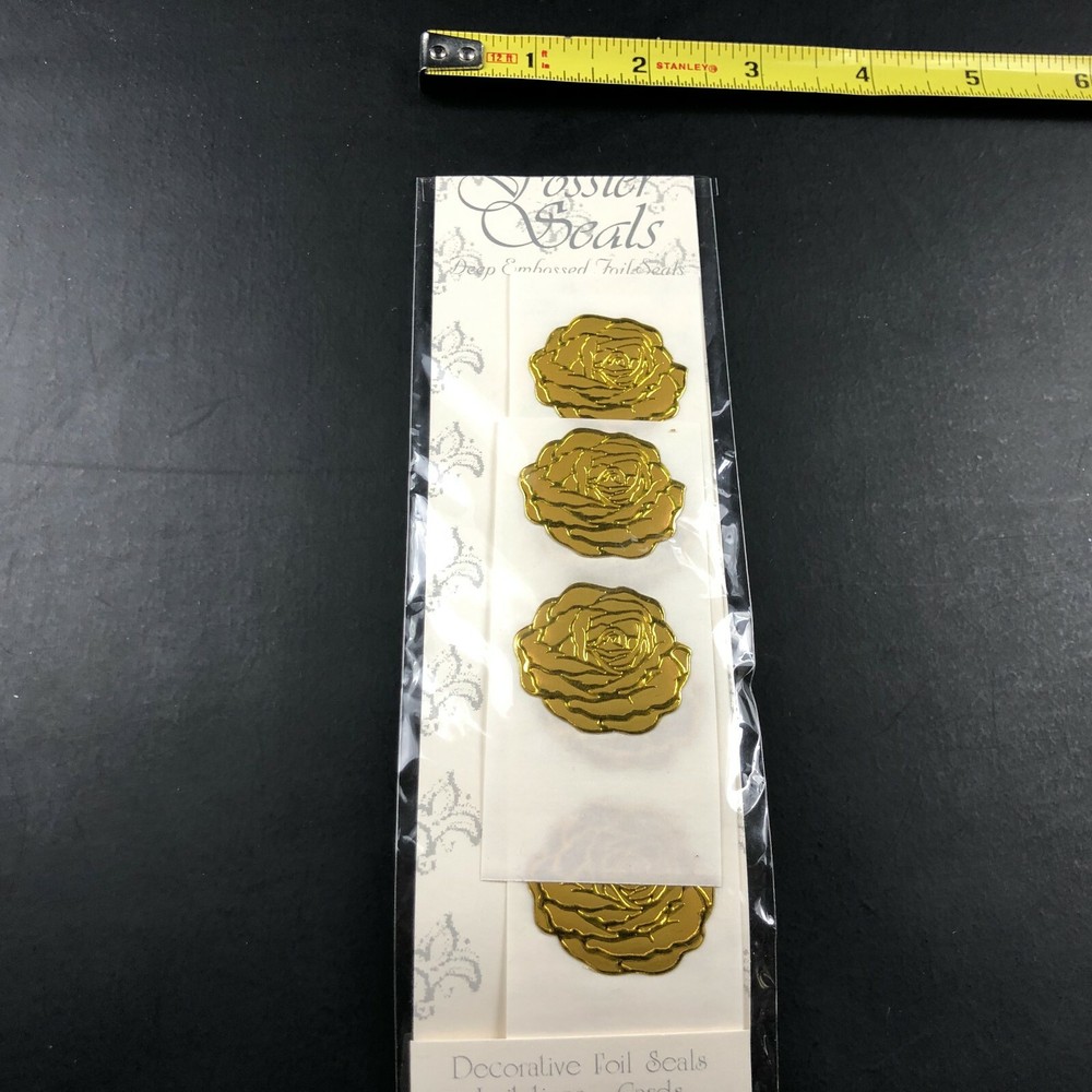 Vintage Embossed Foil Seal Stickers GOLD Rose Floral Flower Head Fancy Beautiful