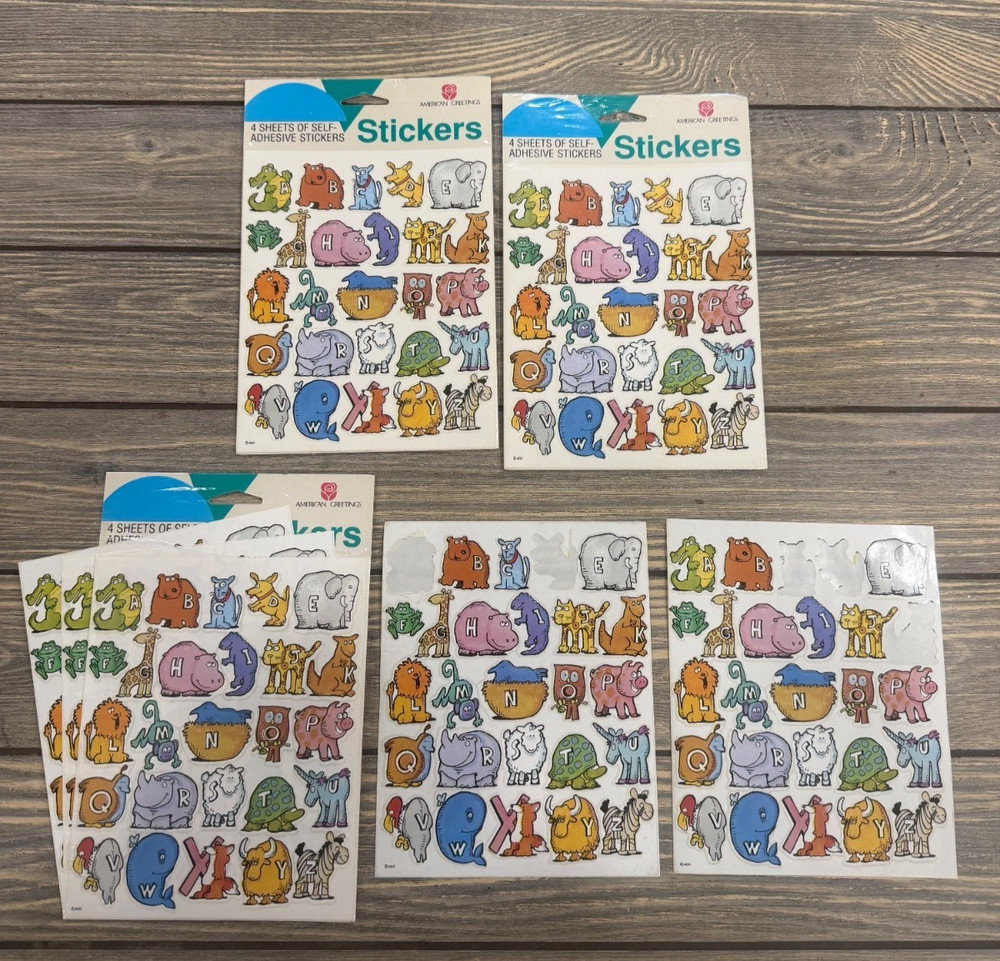 Vintage American Greetings Alphabet Animal Stickers 4 Sheets Self-Adhesive