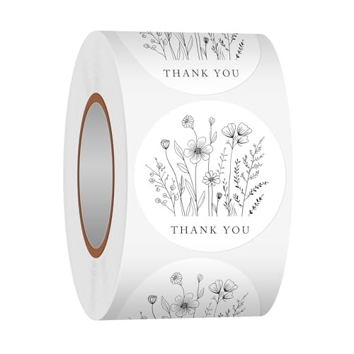 500 PCS 1.5 Inch Thank You Stickers for Small Business, Baking, Line Flowers 1