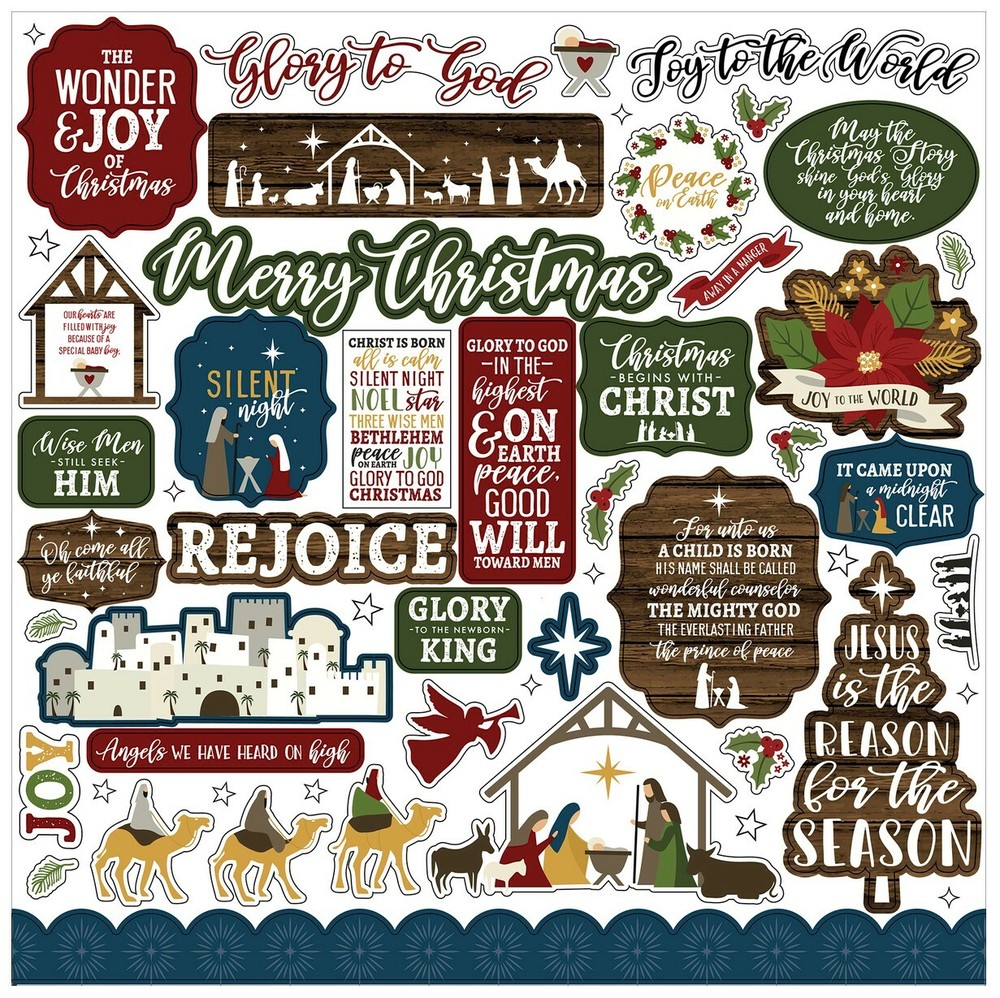 (1) 12×12 Sheet of Echo Park Paper THE FIRST NOEL Scrapbook Element Stickers