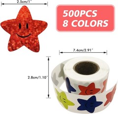 Smiley face Star Stickers for Kids Reward,1inch 8 Colored 500Pcs Sparkly Foil Sh