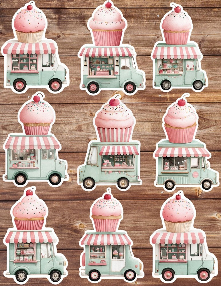 Cupcake Truck Vinyl Die Cut Stickers Set Scrapbooking Laptop Water Bottle