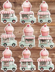 Cupcake Truck Vinyl Die Cut Stickers Set Scrapbooking Laptop Water Bottle