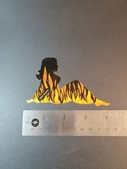 Vintage Stickers MUD FLAP GIRL Glossy Foil Vending Sticker VTG PVI Flames 01