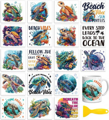 18 Sheets Rub on Transfers for Crafts, Sea Turtle 3.6″X3.9″ UV DTF Cup Wraps …