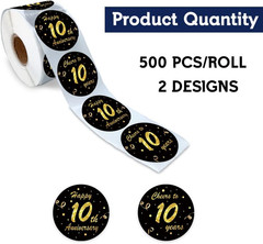 Black Gold 10Th Anniversary Paper Stickers, 1.5″ Diameter, 500 Pcs/Roll